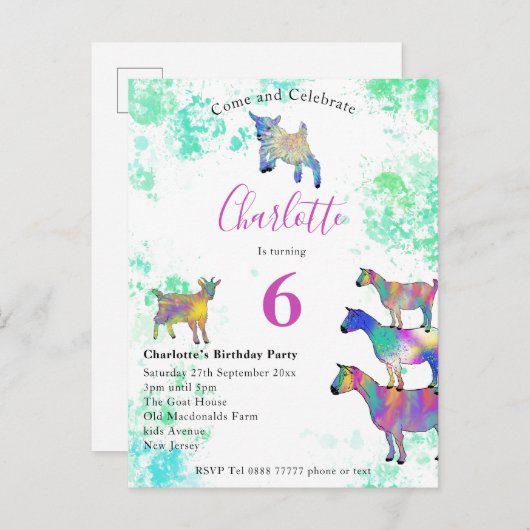 Cute Goats 6th Birthday Uitnodiging Briefkaart (Voorkant / Achterkant)