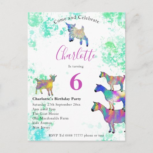 Cute Goats 6th Birthday Uitnodiging Briefkaart (Voorkant)