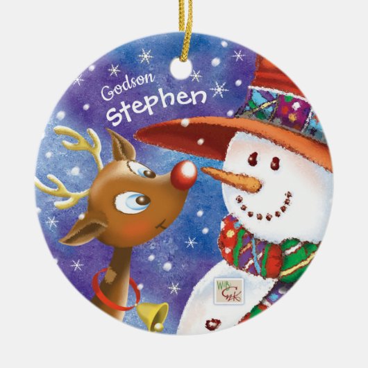 Cute Godson, Snowman & Deer, Kerstmis Keramisch Ornament (Voorkant)