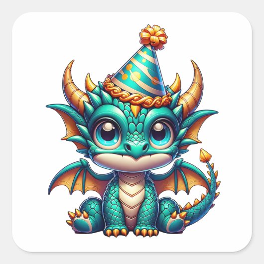 Cute Gold and Teal Dragon Boy's Birthday Party Vierkante Sticker (Voorkant)