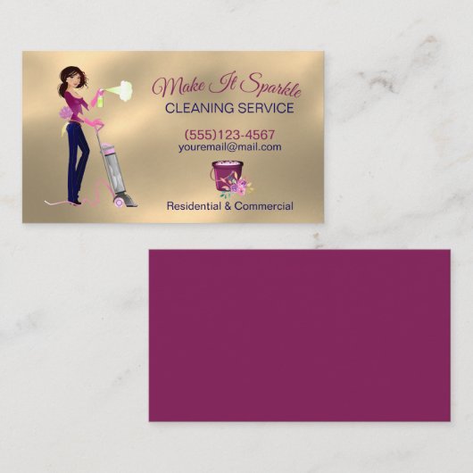 Cute Gold Cartoon Maid Cleaning Services Visitekaartje (Voorkant / Achterkant)