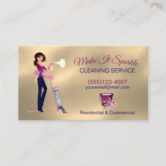 Cute Gold Cartoon Maid Cleaning Services Visitekaartje (Voorkant)