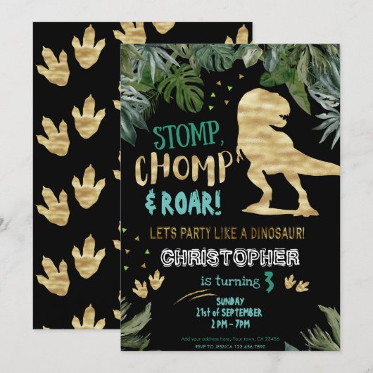 Cute gold Dinosaur Birthday party Kaart (Voorkant / Achterkant)