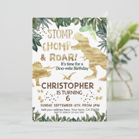 Cute Gold Dinosaur kinderen Birthday Dino Trex Kaart (Staand voorkant)