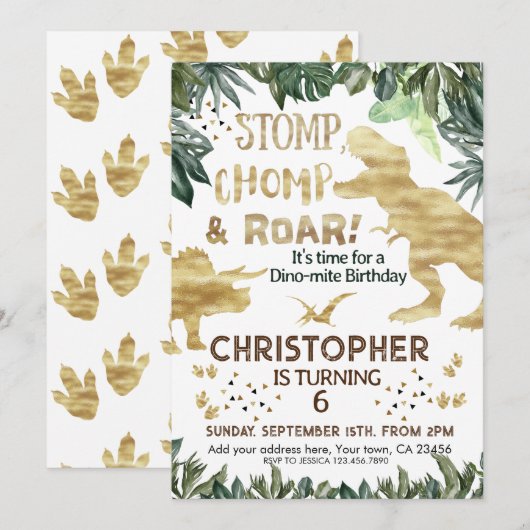 Cute Gold Dinosaur kinderen Birthday Dino Trex Kaart (Voorkant / Achterkant)