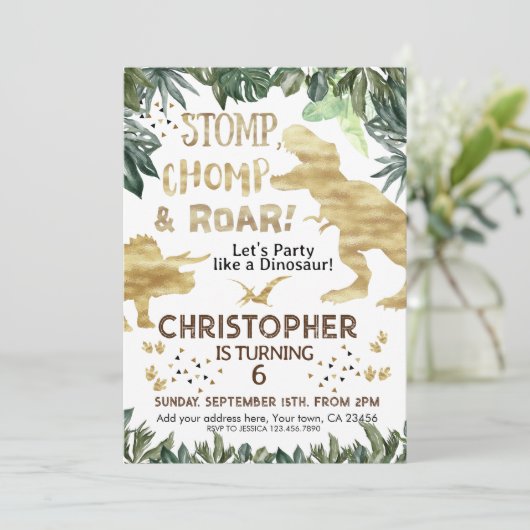 Cute Gold Dinosaur kinderen Birthday Dino Trex Kaart (Staand voorkant)