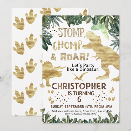 Cute Gold Dinosaur kinderen Birthday Dino Trex Kaart (Voorkant / Achterkant)