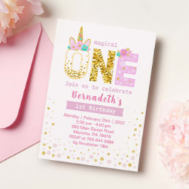 Cute Gold en Roze Confetti Unicorn 1e verjaardag Kaart