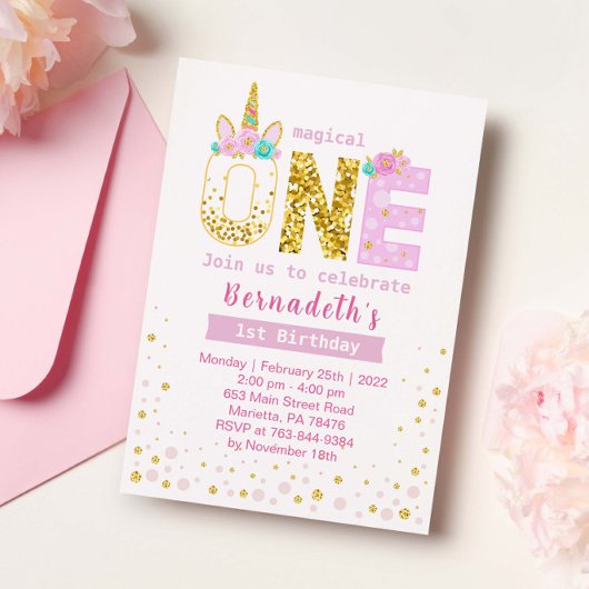Cute Gold en Roze Confetti Unicorn 1e verjaardag Kaart