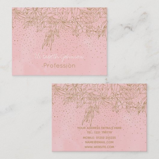 Cute Gold Floral Doodles & confetti Pink Design  Visitekaartje (Voorkant / Achterkant)