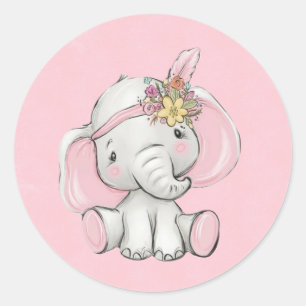 Cute Gold Glitter Elephant Girl Baby shower Ronde Sticker