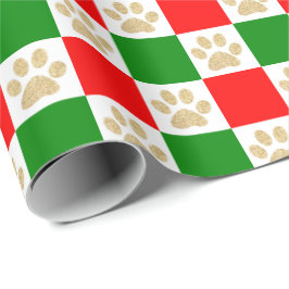 Cute Gold Glitter Paw Afdrukken Rood groen gecontr Cadeaupapier
