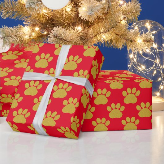 Cute Gold Glitter Paw Drukt Pet Lovers Red Cadeaupapier (Feestdagen)
