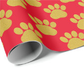 Cute Gold Glitter Paw Drukt Pet Lovers Red Cadeaupapier (Rol Hoek)