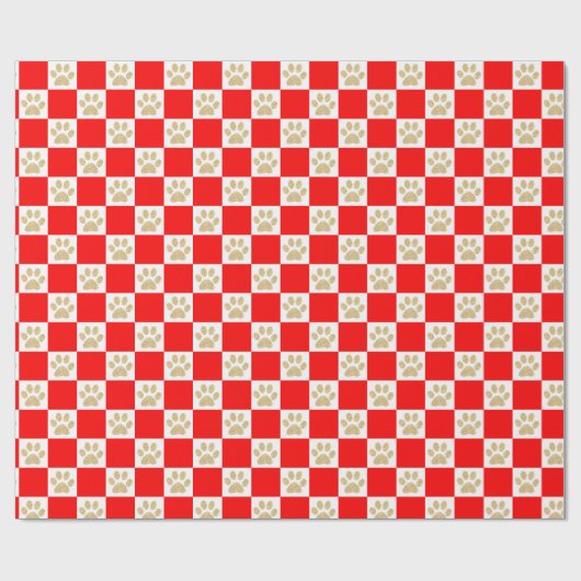 Cute Gold Glitter Paw Print Red Checkered Pattern Cadeaupapier (Vlak)