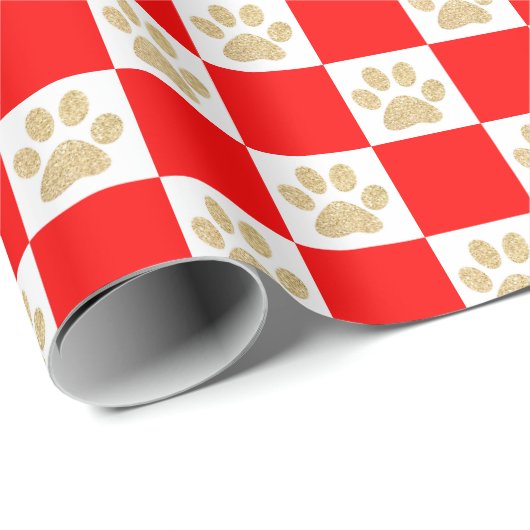 Cute Gold Glitter Paw Print Red Checkered Pattern Cadeaupapier (Rol Hoek)