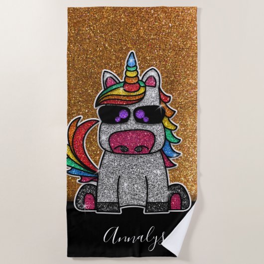 Cute Gold Glitter Rainbow Unicorn Sparkles Glam Strandlaken (Voorkant)