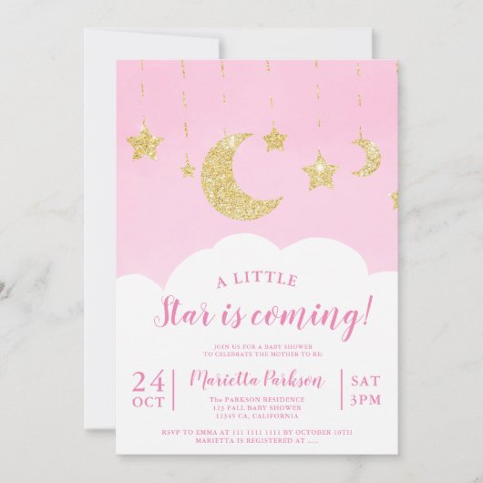 Cute gold glitter star moon cloud roze baby shower kaart (Voorkant)