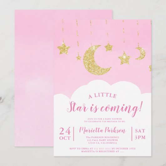 Cute gold glitter star moon cloud roze baby shower kaart (Voorkant / Achterkant)