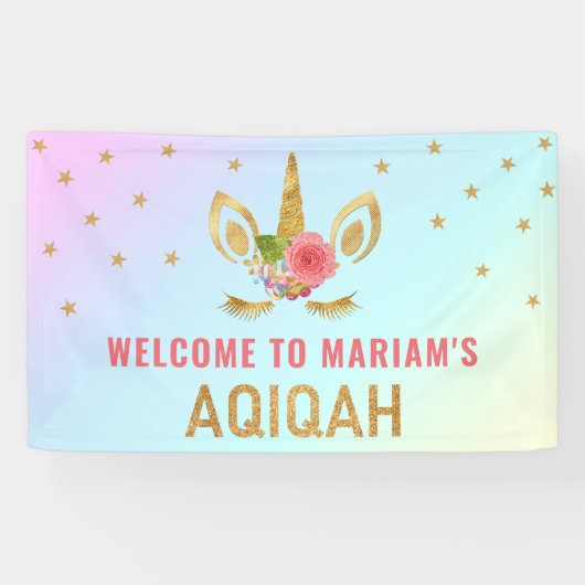 Cute Gold Glitter Unicorn Aqiqah Spandoek (Horizontaal)