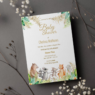 Cute Gold Green Brown Floral Animal Baby shower in Uitnodiging Briefkaart
