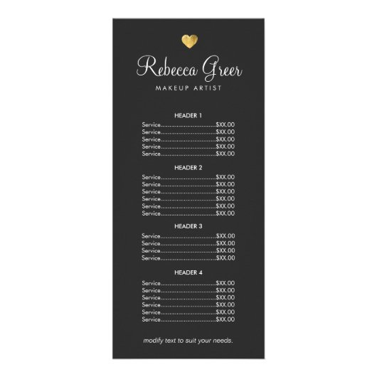 Cute Gold Heart Black Beauty Salon Price List Menu (Voorkant)