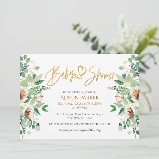 Cute Gold Heart Script Eucalyptus Baby shower Kaart (Staand voorkant)