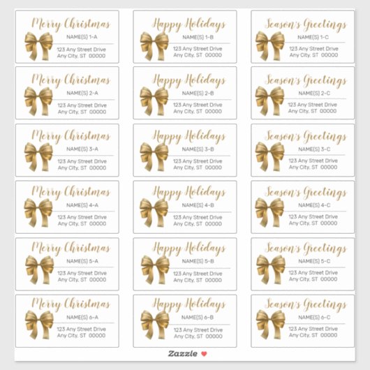 Cute Gold Kerstmis Bow Holiday Adresetiketten Sticker (Vel)