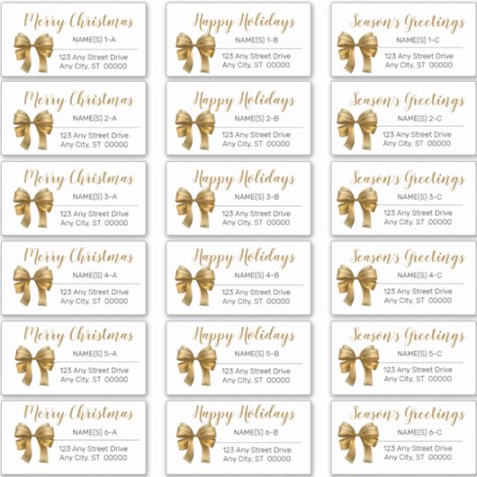 Cute Gold Kerstmis Bow Holiday Adresetiketten Sticker (Voorkant)