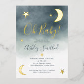 Cute gold moon sterren blue waterverf baby shower folie uitnodiging (Voorkant)