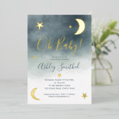 Cute gold moon sterren blue waterverf baby shower folie uitnodiging (Staand Voorkant)
