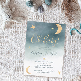 Cute gold moon sterren blue waterverf baby shower kaart