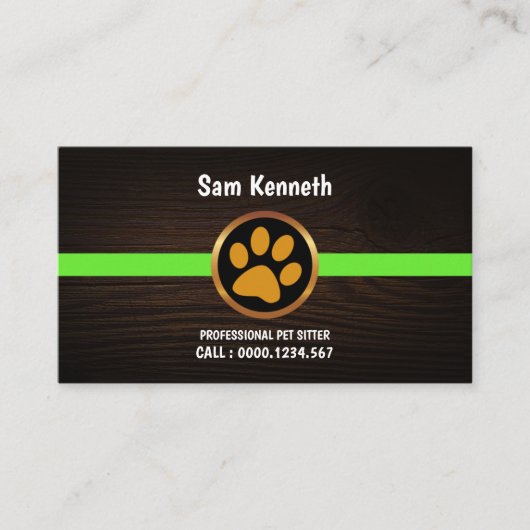 Cute Gold Paw Print Wood Grain Pet Sitter Visitekaartje (Voorkant)