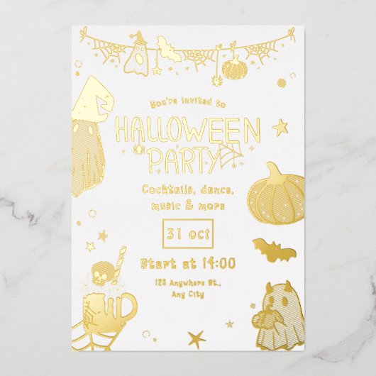 Cute Gold Spooky Halloween Party Folie Uitnodiging (Voorkant)
