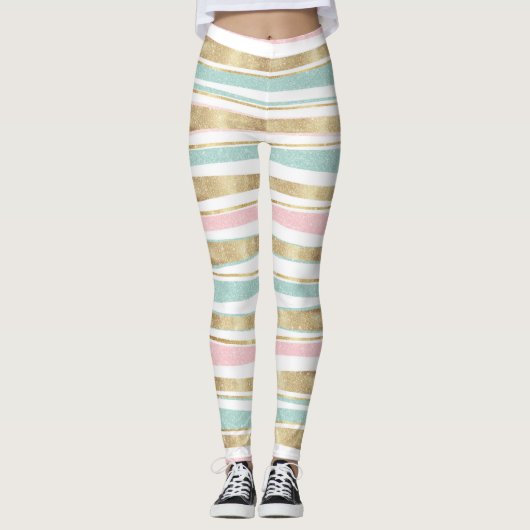 Cute Gold Stripes doodles roze design Leggings (Voorkant)