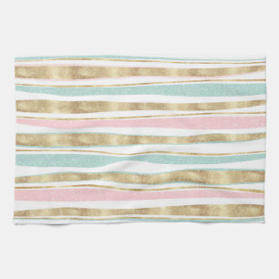 Cute Gold Stripes doodles roze design Theedoek