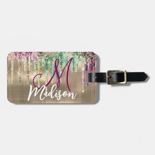 Cute gold unicorn Glitter Driemonogram Bagagelabel (Voorkant horizontaal)