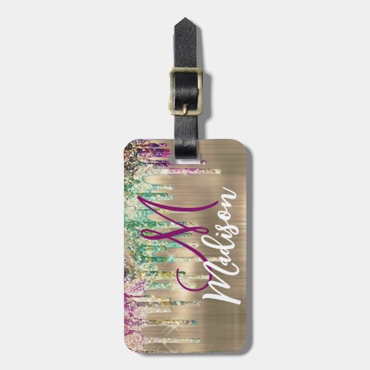 Cute gold unicorn Glitter Driemonogram Bagagelabel (Voorkant verticaal)