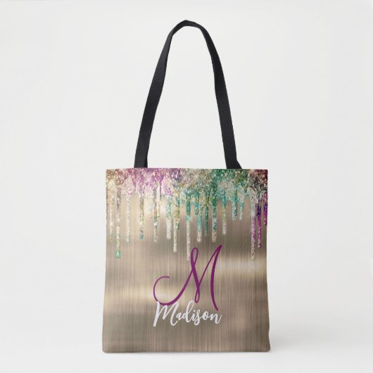 Cute gold unicorn Glitter Driemonogram Tote Bag (Voorkant)