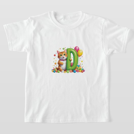 "Cute Golden Cat Holding Green Balloon Letter D T-shirt (Laagn)