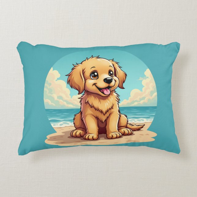 Cute Golden Puppy at Sunny Beach Scene Accent Kussen (Voorkant)