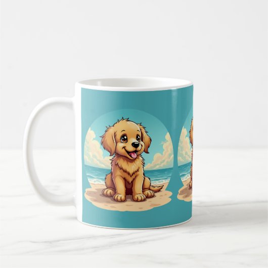 Cute Golden Puppy at Sunny Beach Scene Koffiemok (Links)