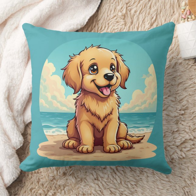 Cute Golden Puppy at Sunny Beach Scene Kussen (Deken)