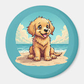 Cute Golden Puppy at Sunny Beach Scene Magneet (Voorkant)