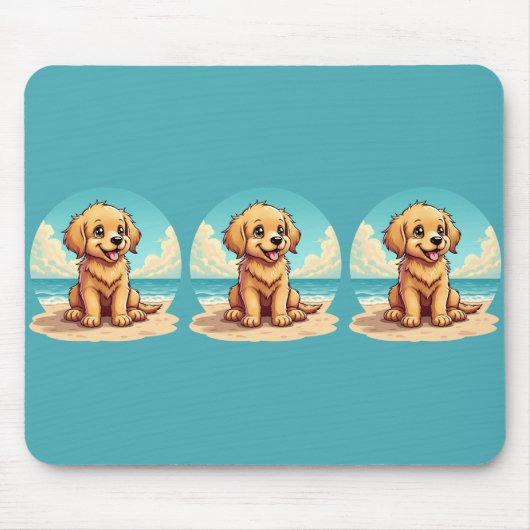 Cute Golden Puppy at Sunny Beach Scene Muismat (Voorkant)