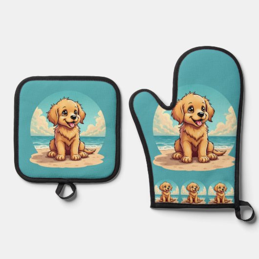 Cute Golden Puppy at Sunny Beach Scene Ovenwant & Pannenlap Set (Voorkant)