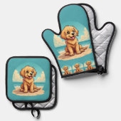 Cute Golden Puppy at Sunny Beach Scene Ovenwant & Pannenlap Set (Voorkant / Achterkant)