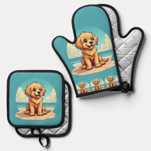 Cute Golden Puppy at Sunny Beach Scene Ovenwant & Pannenlap Set (Voorkant / Achterkant)