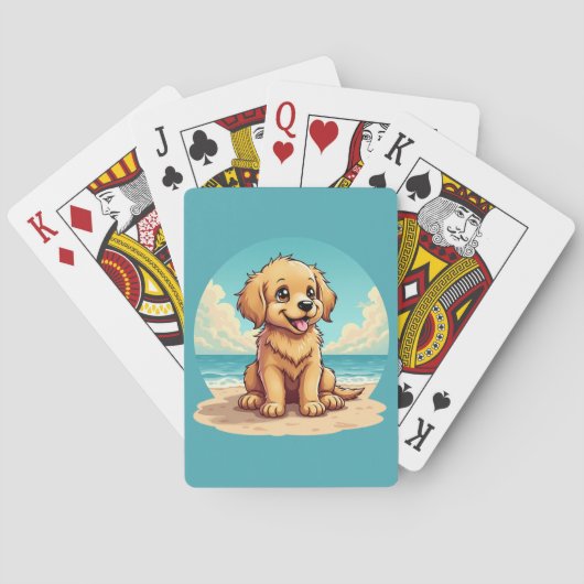 Cute Golden Puppy at Sunny Beach Scene Pokerkaarten (Achterkant)