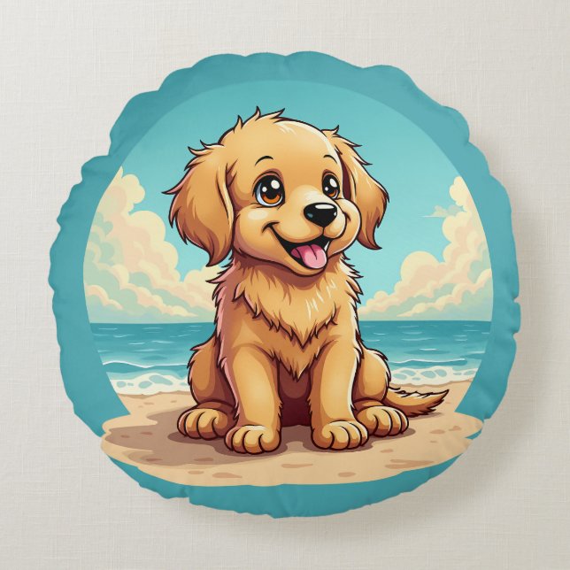 Cute Golden Puppy at Sunny Beach Scene Rond Kussen (Voorkant)